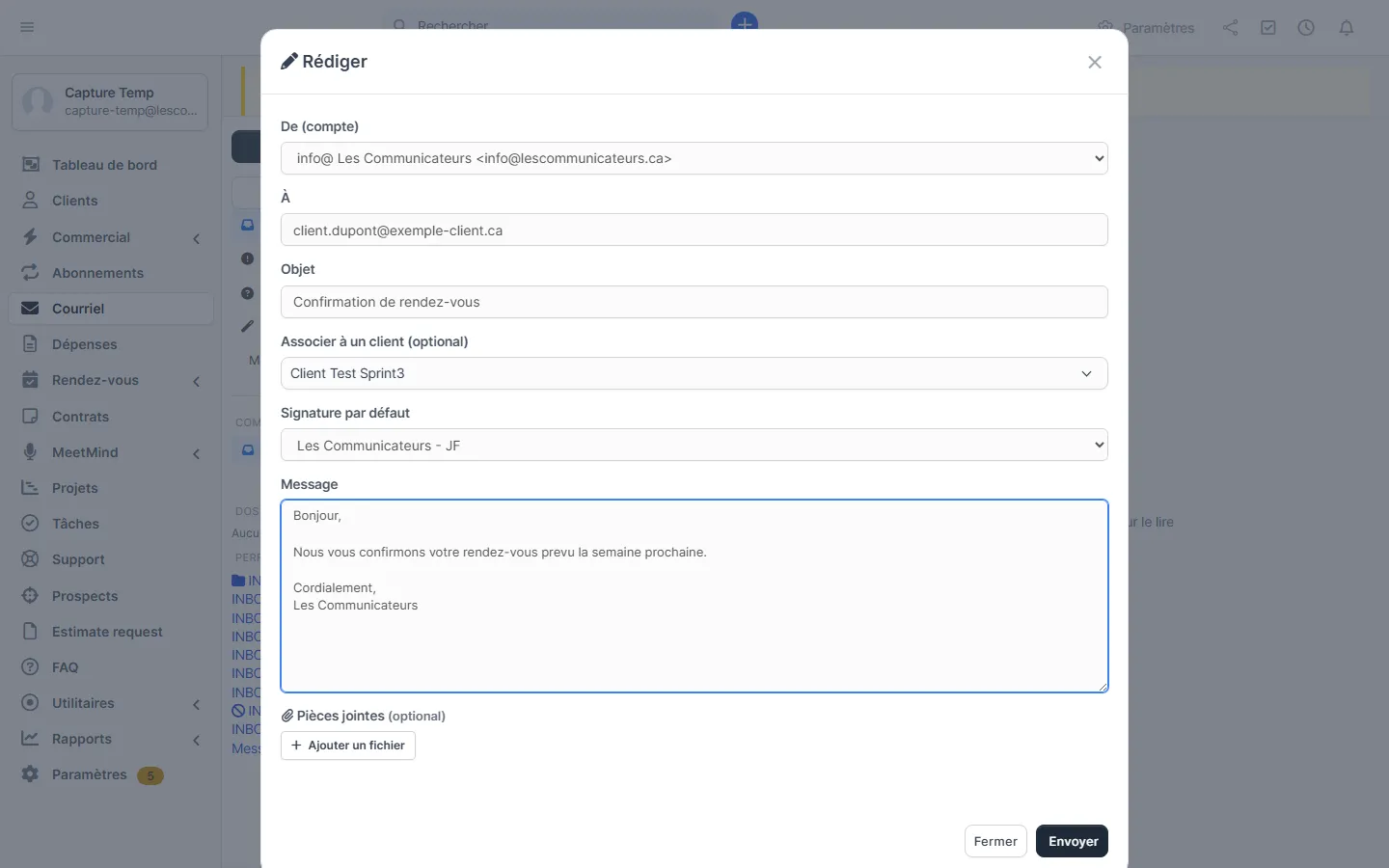 Fenêtre Rédiger avec compte d'envoi, destinataire, objet, client associé et message