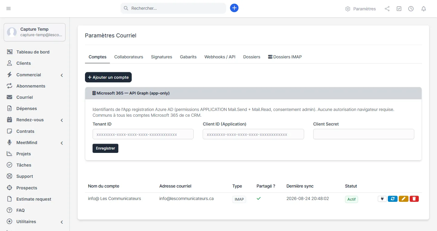 Tableau des comptes avec les boutons de test et de synchronisation et la colonne Dernière sync