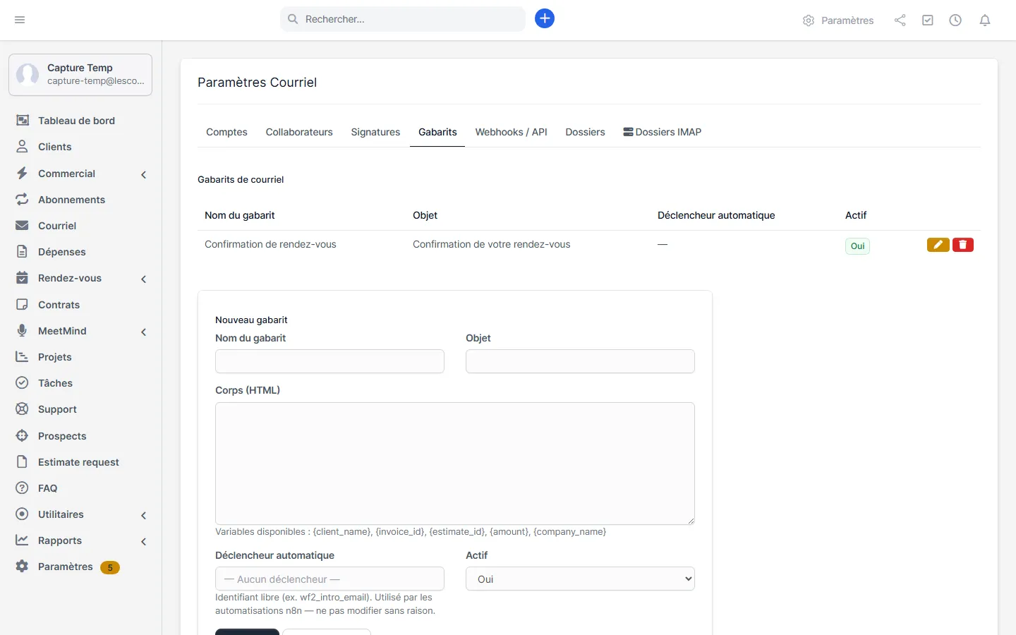 Formulaire Nouveau gabarit avec objet, corps HTML et rappel des variables disponibles