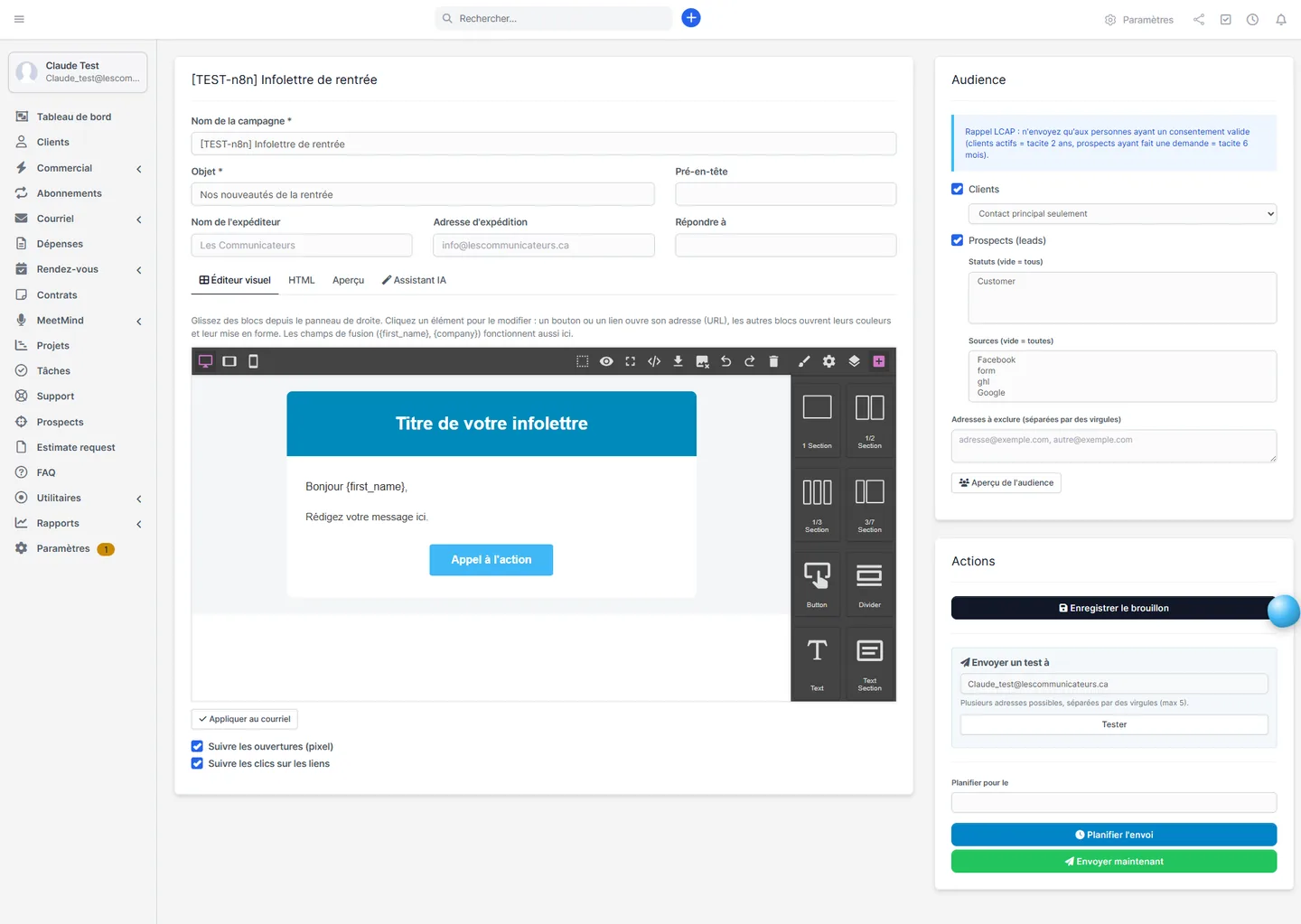 Panneau Actions avec test, planification et envoi