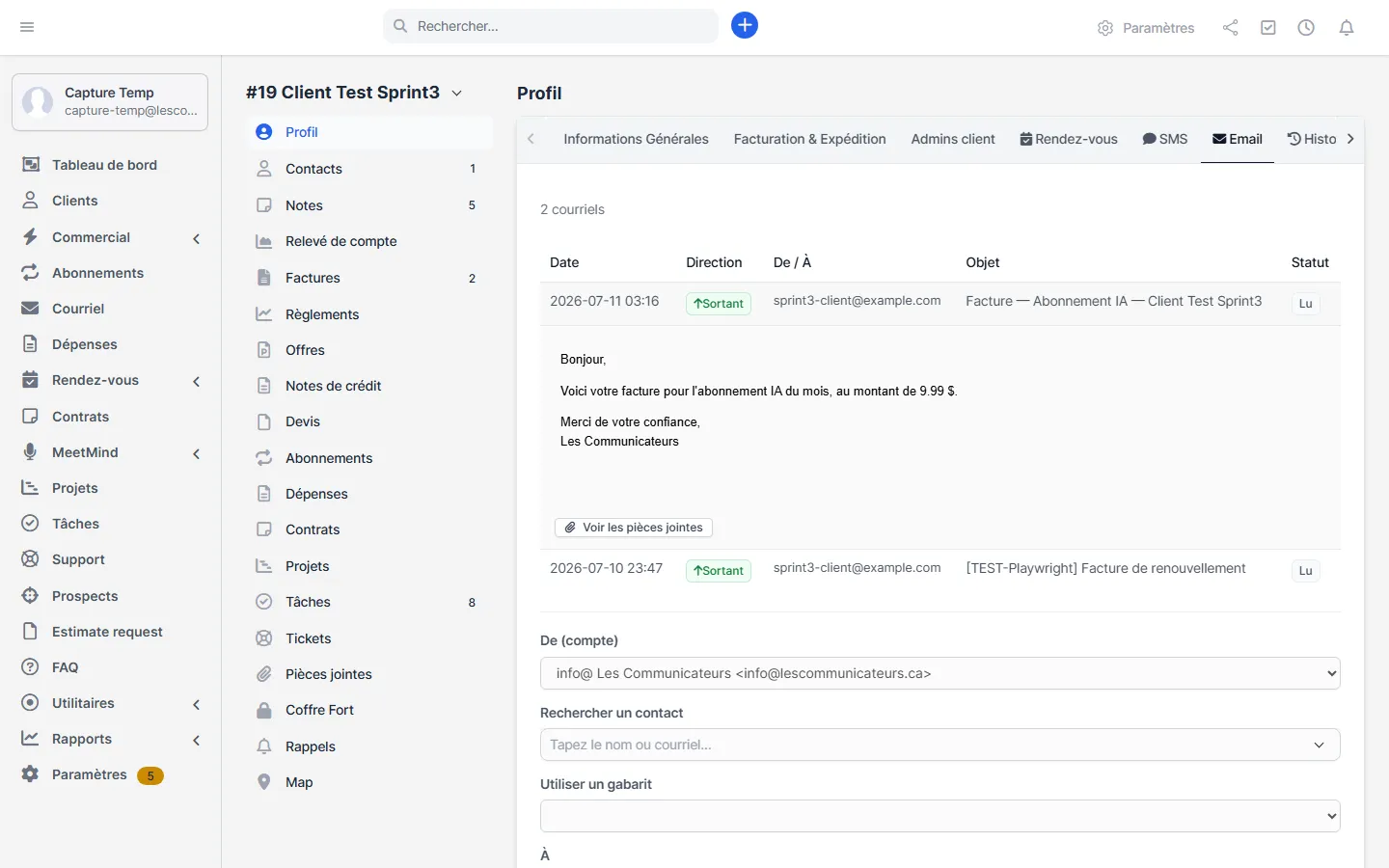 Onglet Courriel d'une fiche client avec le tableau des échanges et une ligne dépliée