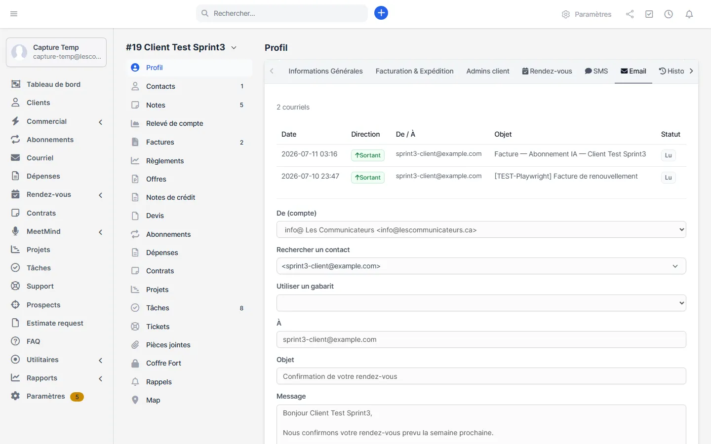 Formulaire d'envoi d'une fiche client avec compte, recherche de contact, gabarit et message