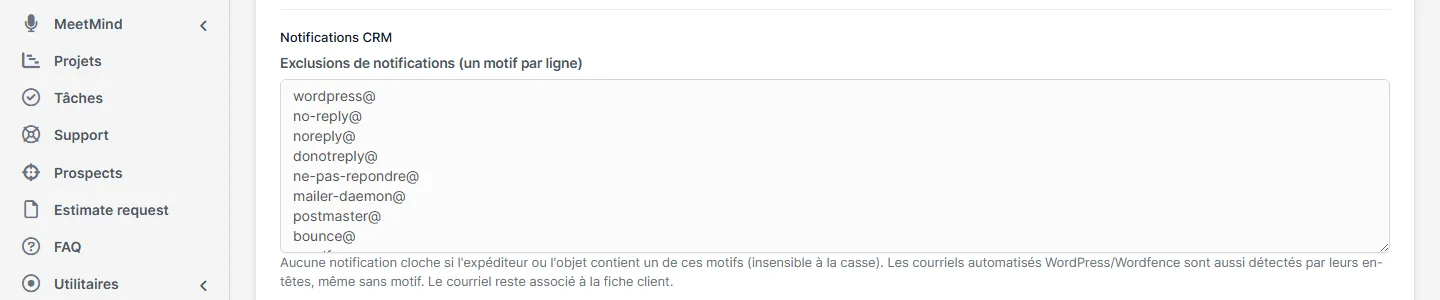 Section Notifications CRM avec la liste des motifs d'exclusion, un par ligne