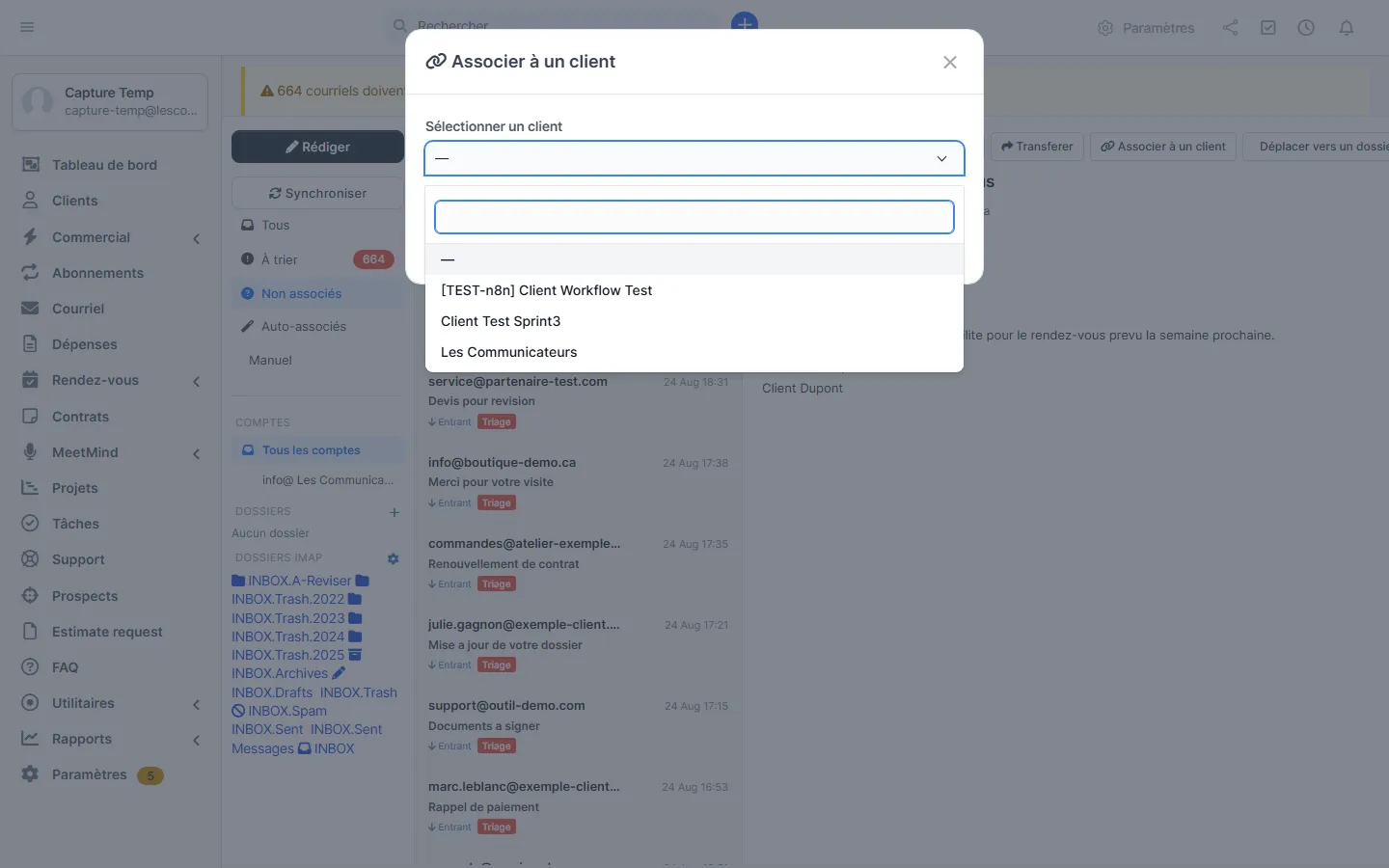 Fenêtre Associer à un client avec la recherche en direct de clients