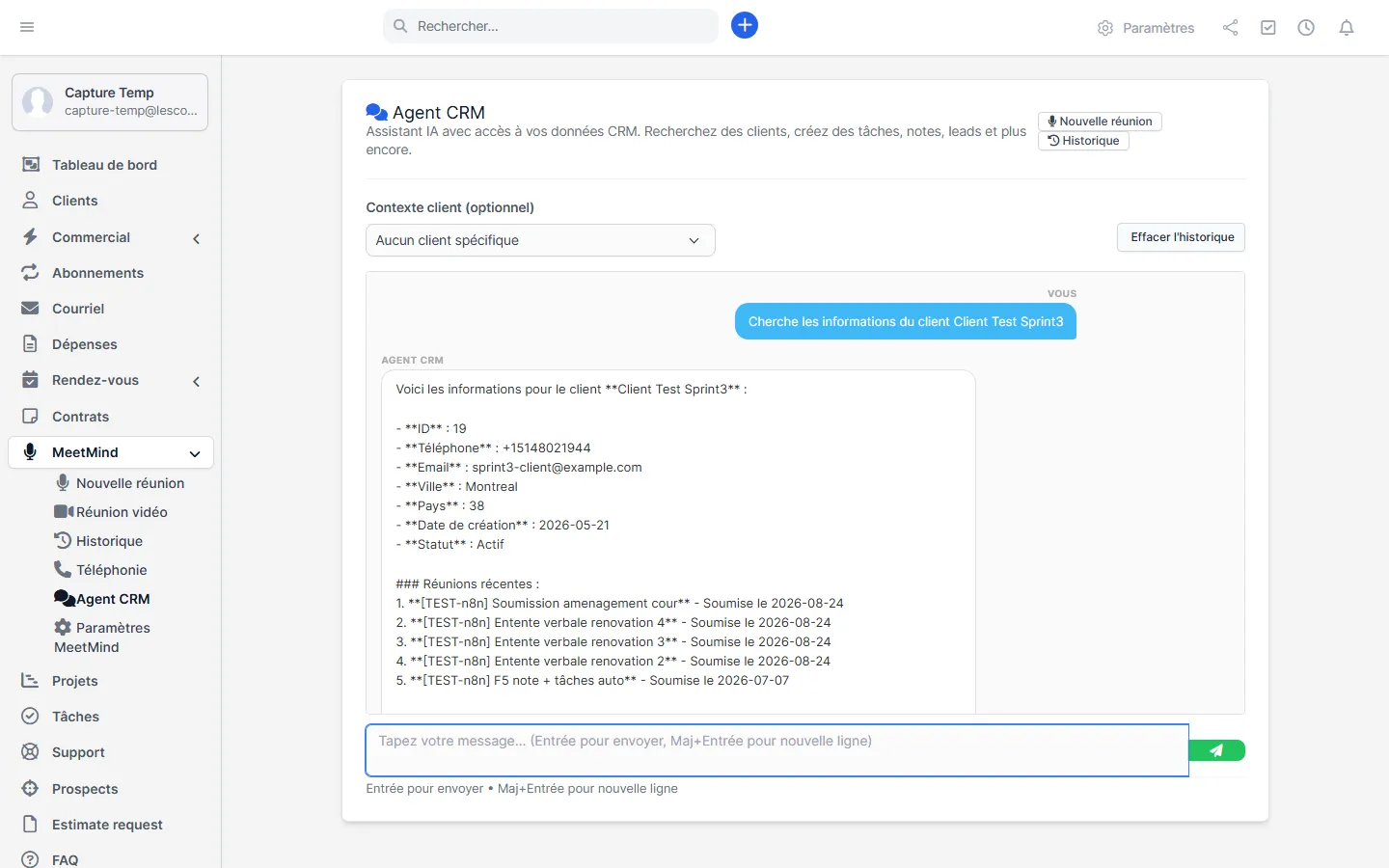 Page Agent CRM avec une conversation en cours