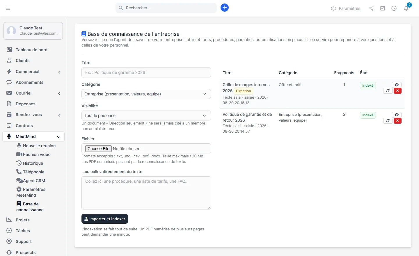Écran Base de connaissance de l'entreprise avec le formulaire d'import et la liste des documents