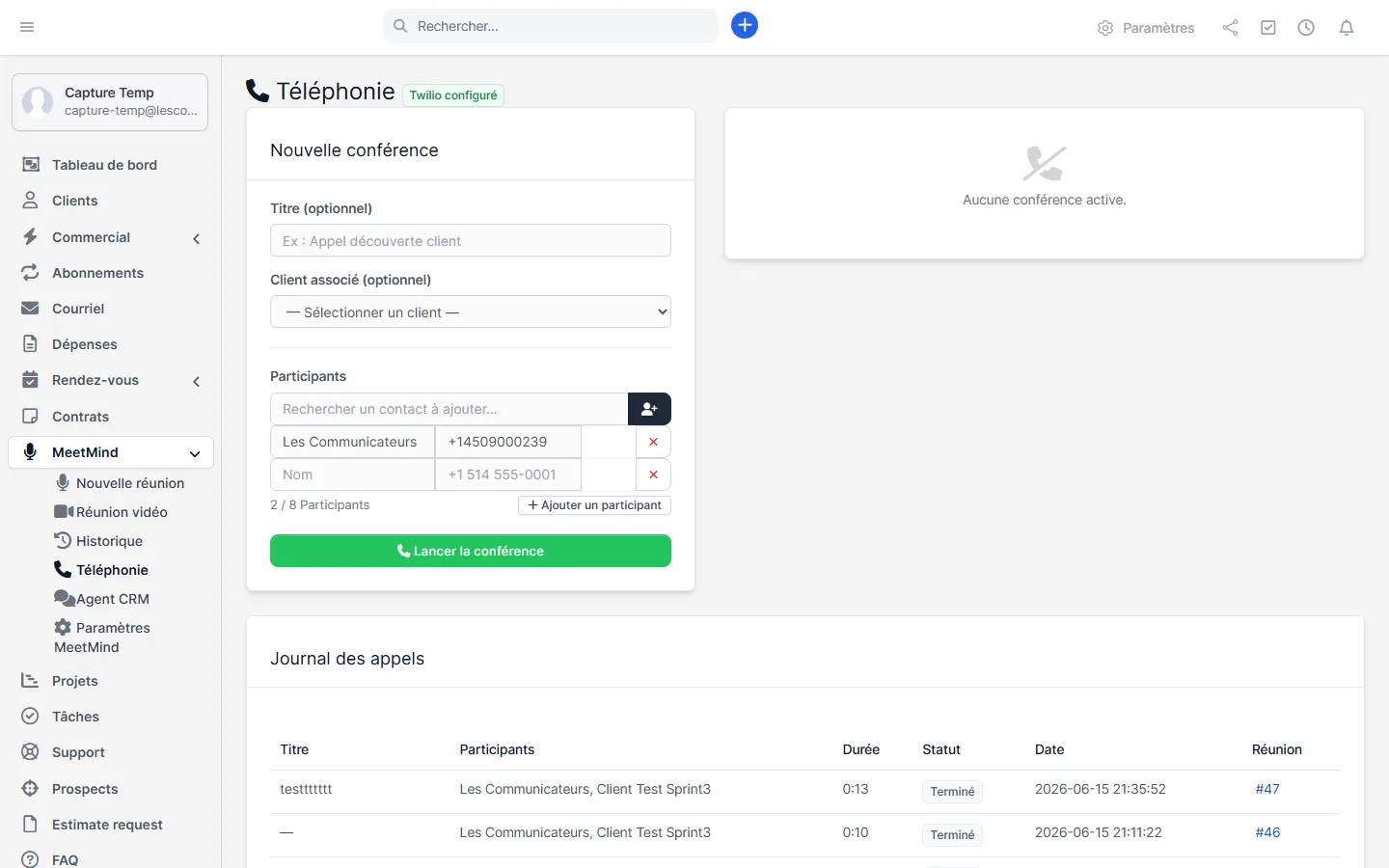 Page Téléphonie avec formulaire Nouvelle conférence et journal des appels