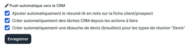 Paramètres MeetMind onglet Général avec la section Push automatique vers le CRM