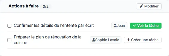 Panneau Actions à faire avec boutons Créer une tâche et Voir la tâche
