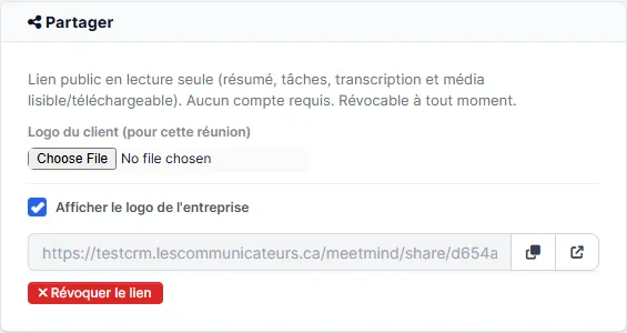 Panneau Partager avec lien actif et bouton Révoquer le lien
