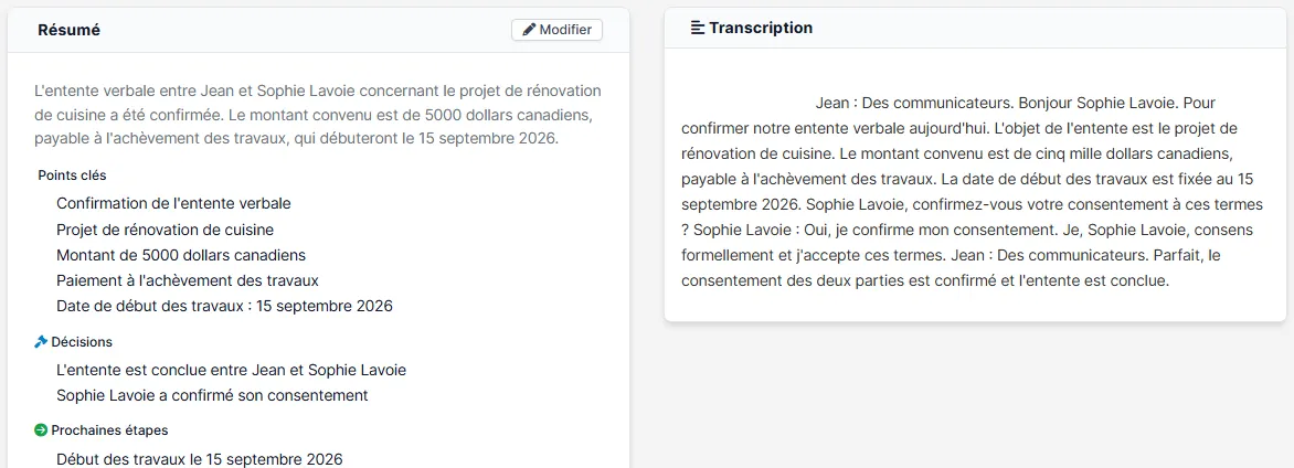 Détail d'une réunion complétée avec résumé à gauche et transcription à droite
