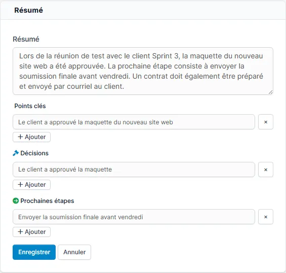 Panneau Résumé en mode édition avec listes modifiables
