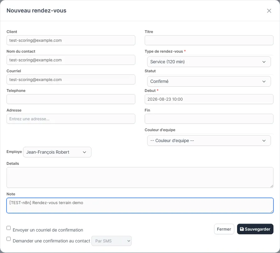 Fenêtre de création d'un rendez-vous avec les champs client, type, début et employé