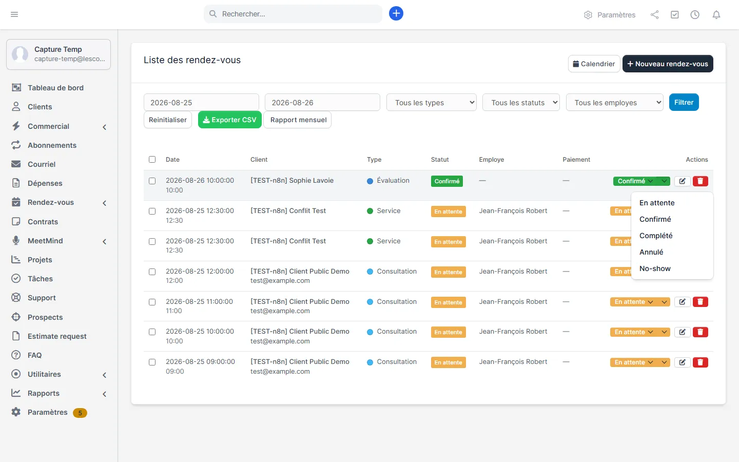 Vue liste des rendez-vous avec la barre de filtres et les boutons Exporter CSV et Rapport mensuel