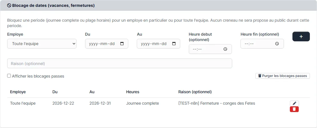 Section Blocage de dates avec le formulaire employé, période, heures et raison, et la liste des blocages