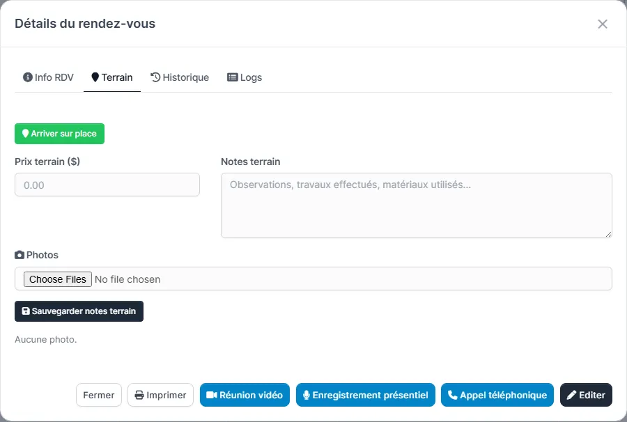 Fiche Détails du rendez-vous ouverte sur l'onglet Terrain avec les boutons de pointage