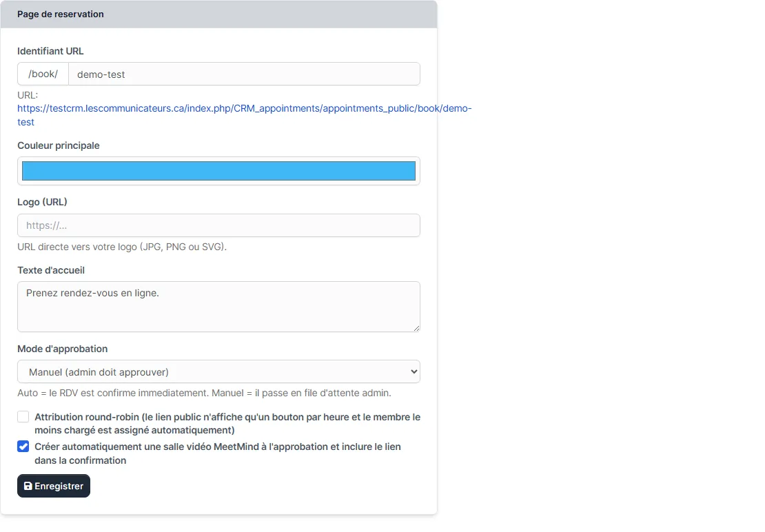 Onglet Page de réservation des paramètres avec identifiant URL, couleur, logo et texte d'accueil