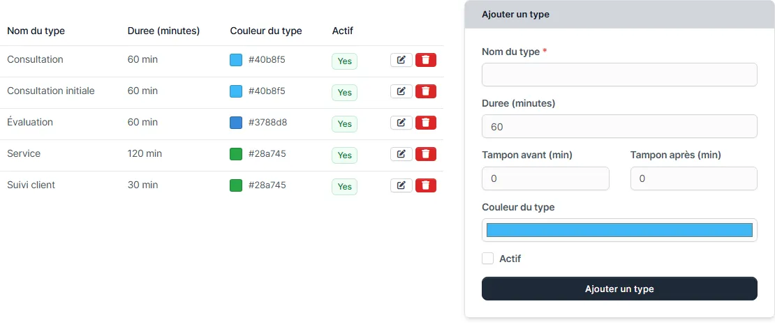 Onglet Types des paramètres avec la liste des types et le formulaire d'ajout incluant durée et tampons