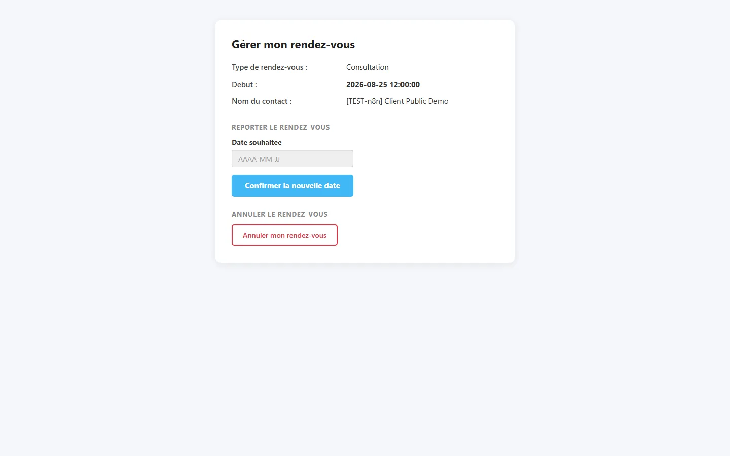 Page publique Gérer mon rendez-vous avec les sections reporter et annuler