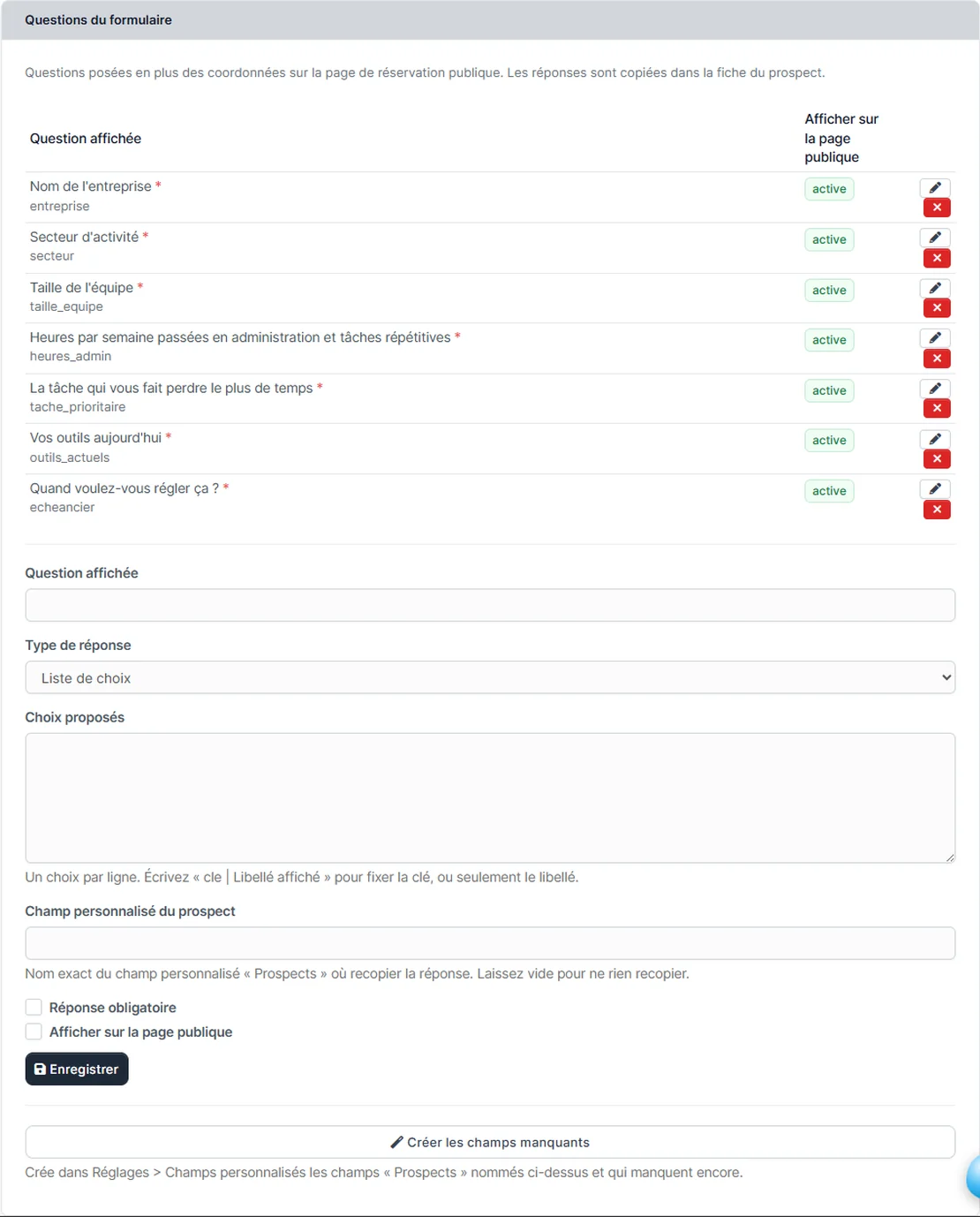 Panneau Questions du formulaire avec la liste des questions actives et le formulaire d'ajout
