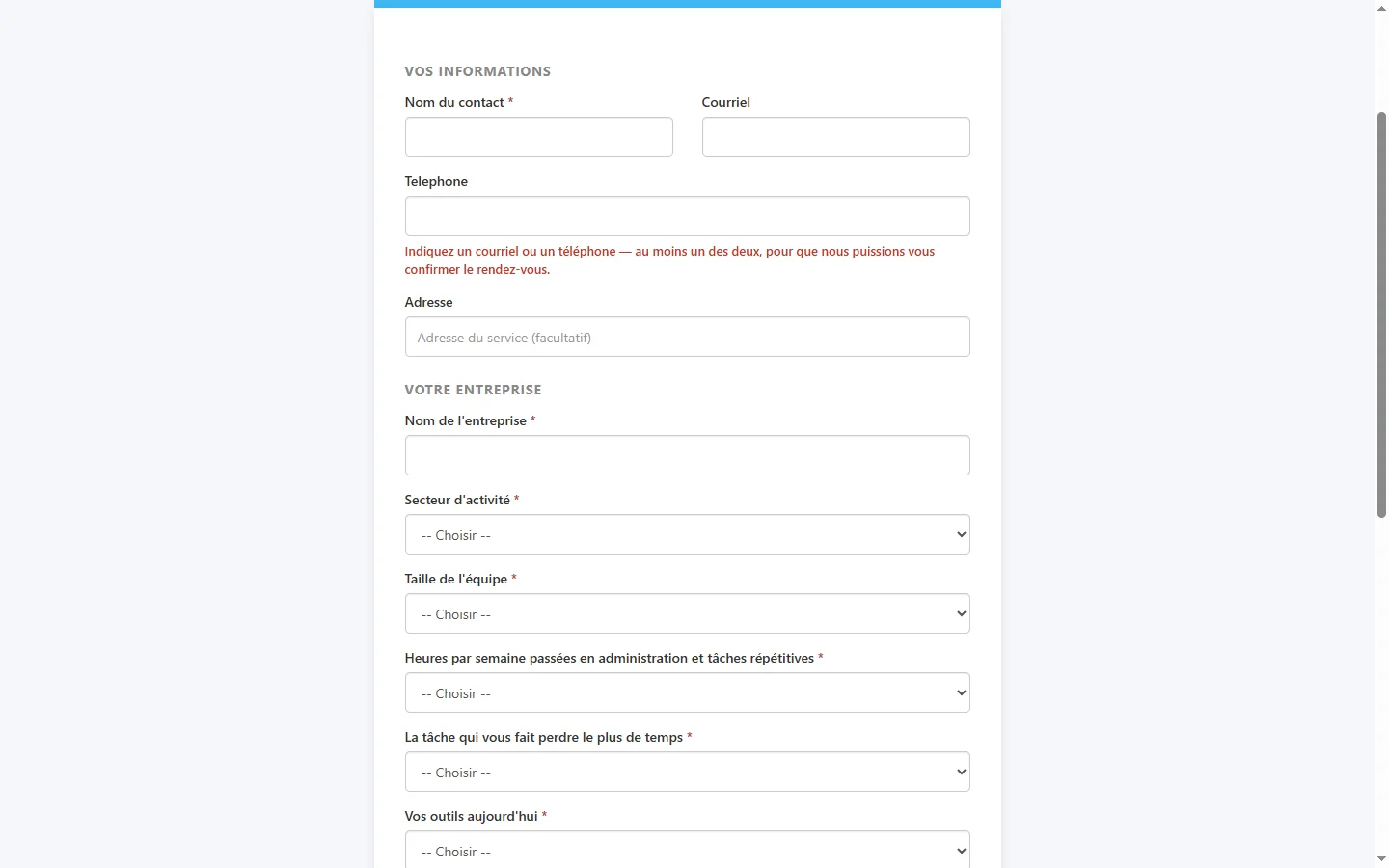 Page publique de réservation avec la section Votre entreprise et ses questions