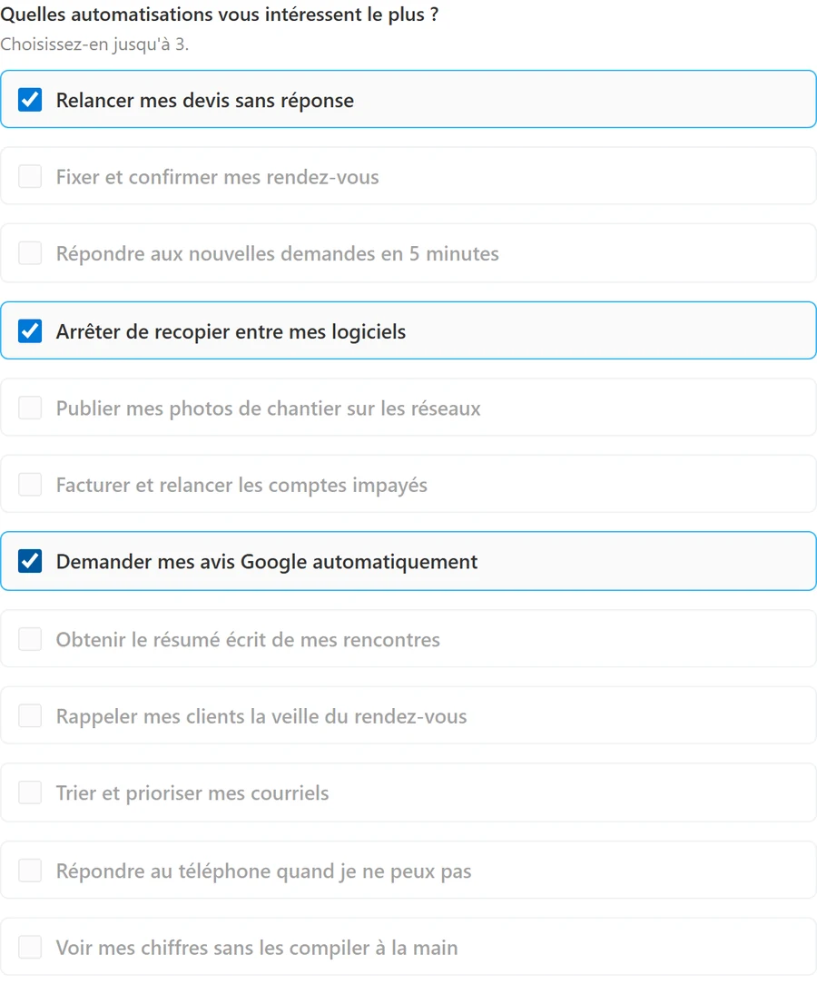 Question à choix multiple sur la page publique, trois cases cochées et les autres pâlies