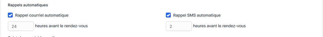 Section Rappels automatiques des paramètres avec les cases courriel et SMS et les délais en heures