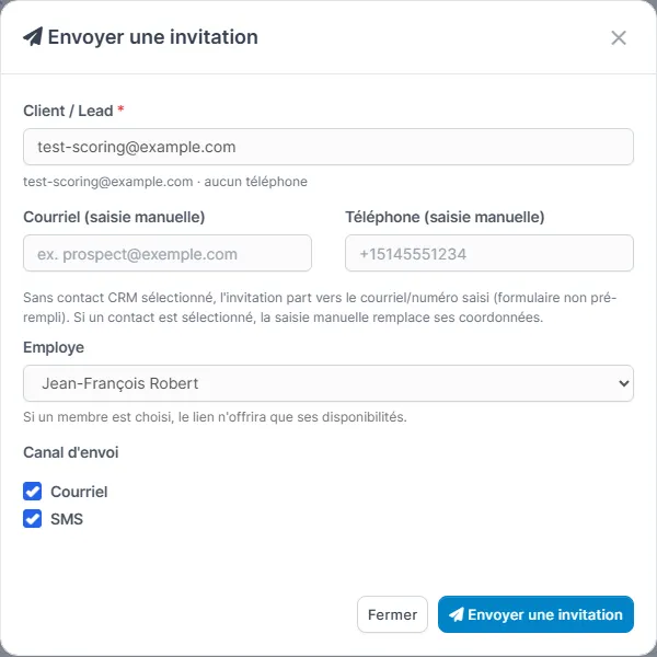 Fenêtre Envoyer une invitation avec la recherche de contact, le choix du membre et les canaux courriel et SMS