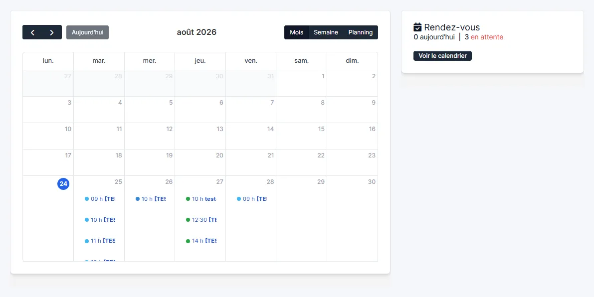 Tableau de bord du CRM avec les widgets aperçu du jour et calendrier des rendez-vous