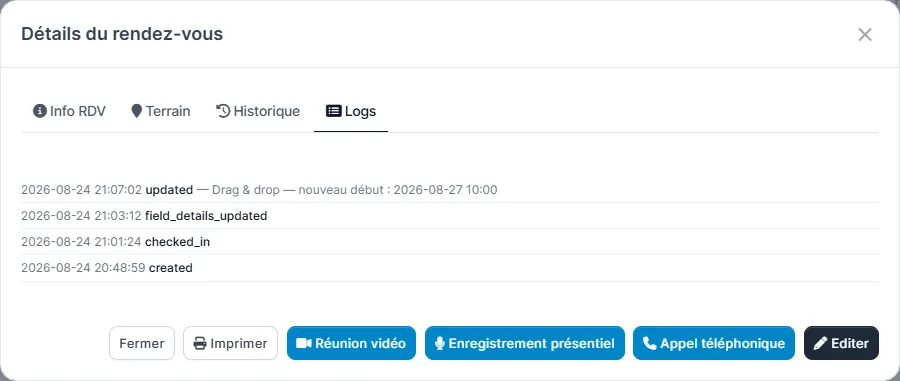 Onglet Logs de la fiche d'un rendez-vous montrant le journal d'activité horodaté