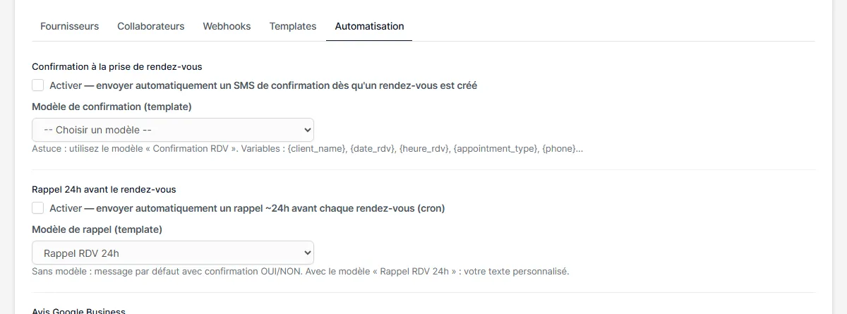 Onglet Automatisation avec les sections de confirmation et de rappel de rendez-vous