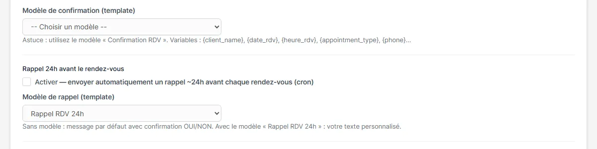 Listes déroulantes de choix des gabarits de confirmation et de rappel