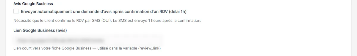 Section Avis Google Business avec le champ Lien Google Business