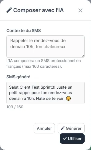 Fenêtre Composer avec l'IA avec le champ Contexte du SMS et le bouton Générer