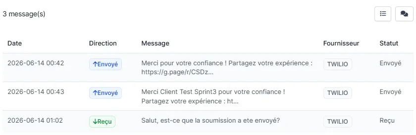 Onglet SMS ouvert sur une fiche client avec l'historique des messages