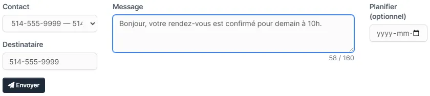 Formulaire d'envoi de SMS avec choix du contact, message et compteur de caractères
