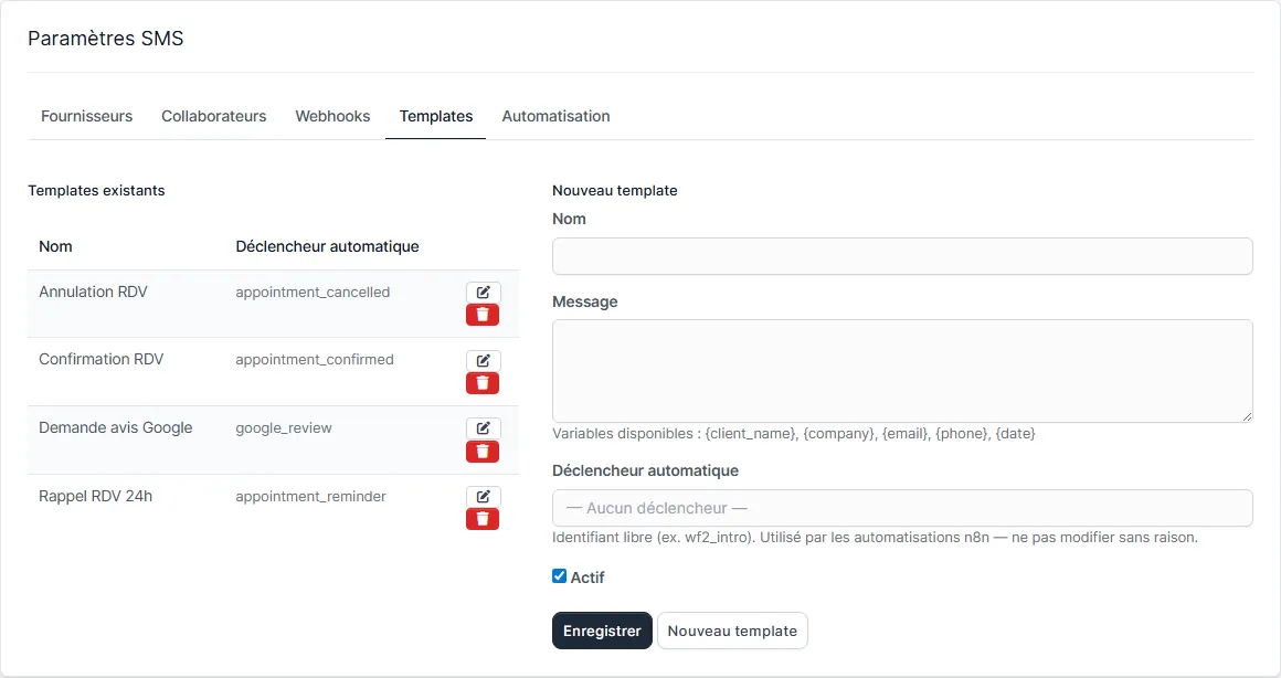 Onglet Templates avec la liste des gabarits et le formulaire de création
