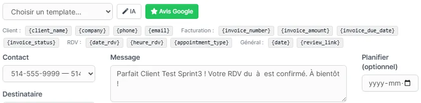 Barre d'outils de la fiche avec la liste Choisir un template et les pastilles de variables