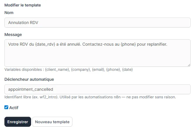 Champ Déclencheur automatique d'un gabarit avec la liste des événements proposés